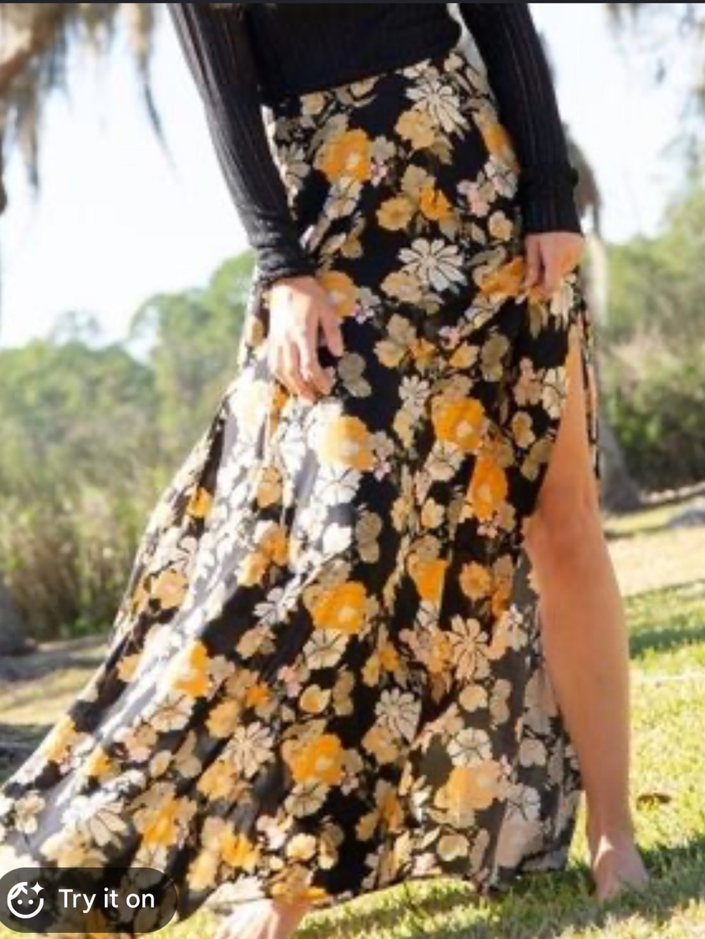 NATURAL LIFE Boho Cottage-core Floral Maxi Skirt Open Side Vents Lightweight L